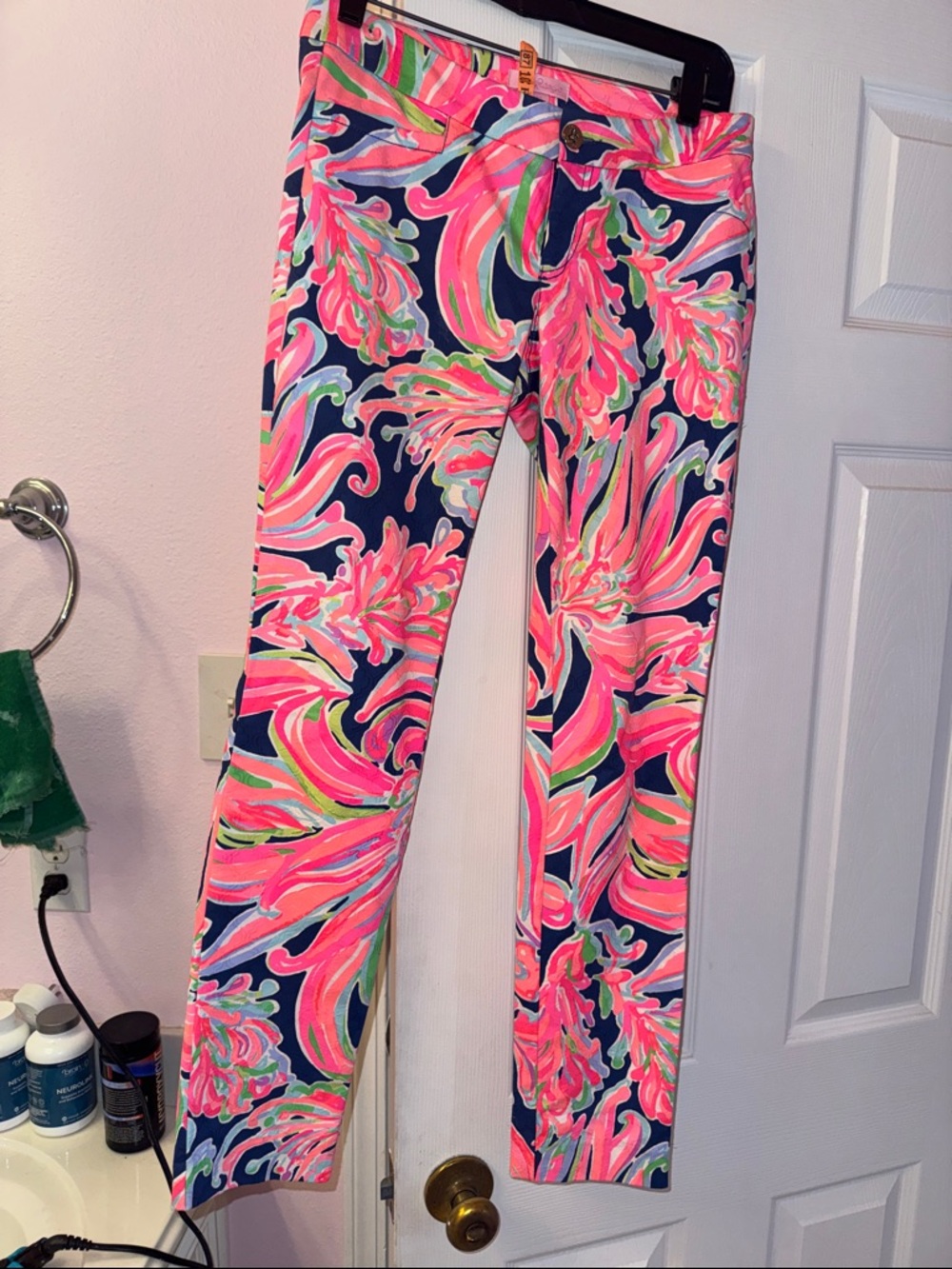 Vibrant Floral Print Skinny Pants - Pink & Navy